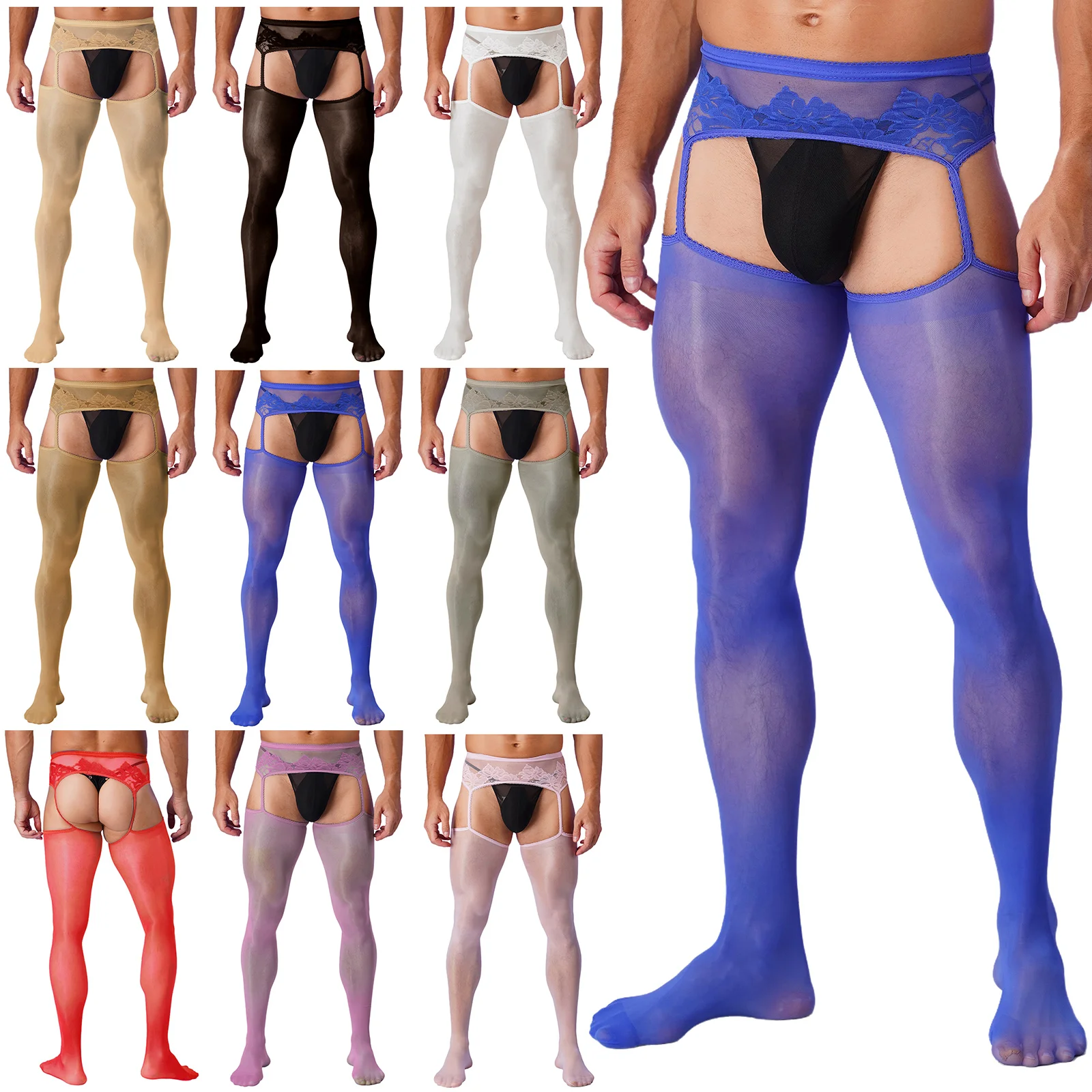 Gay Mens Sissy Lingerie Sheer Lace Mesh Suspender Pantyhose See Through Ultrathin Footed Open Crotch Leggings Garter Stockings