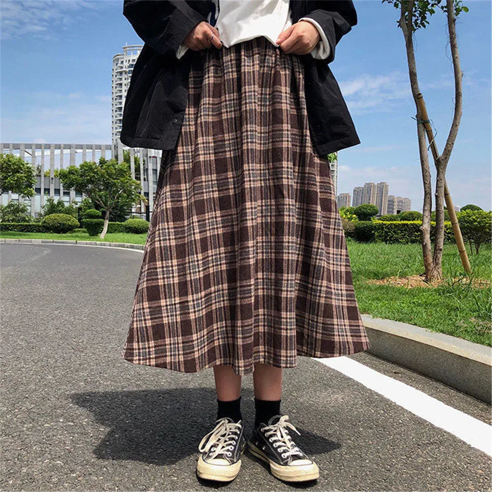 

Vintage Plaid Skirt All-Match Autumn Spring Basic Loose Empire Mujer Faldas Korean Fashion Popular Simple Retro Female Clothing