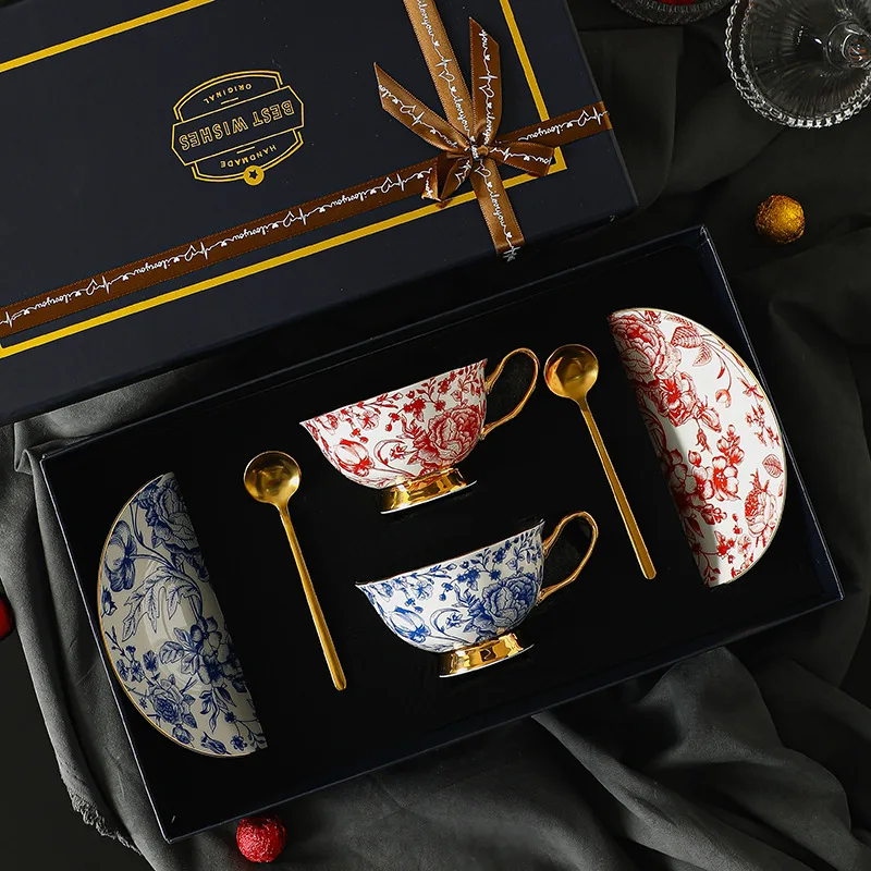 European Style Couple Coffee Cup and Plate Set Bone Porcelain High-end Afternoon Tea Set Ceramic Couple Gift Box European Cup