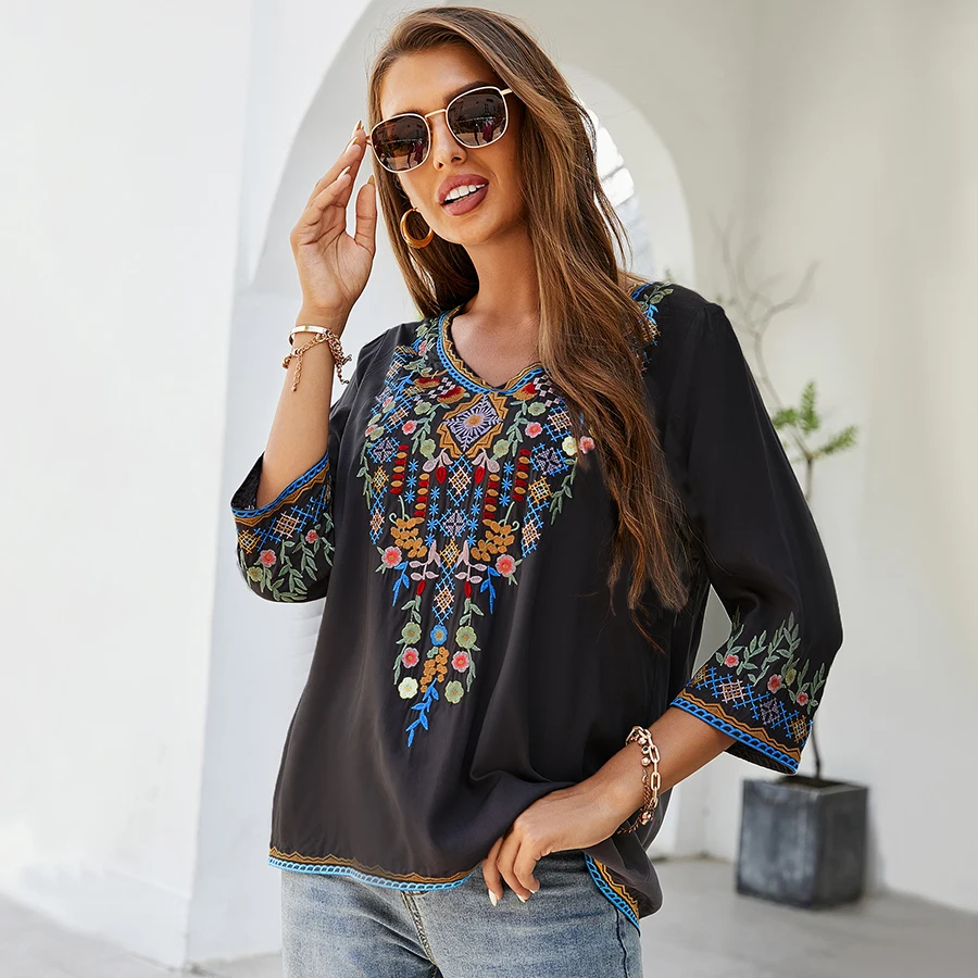 KHALEE YOSE Floral Embroidery Blouse Shirts Boho Vintage Chic Mexican Autumn Blouse 2xl 3xl Ethnic Hippie Women Shirt Blouse 11