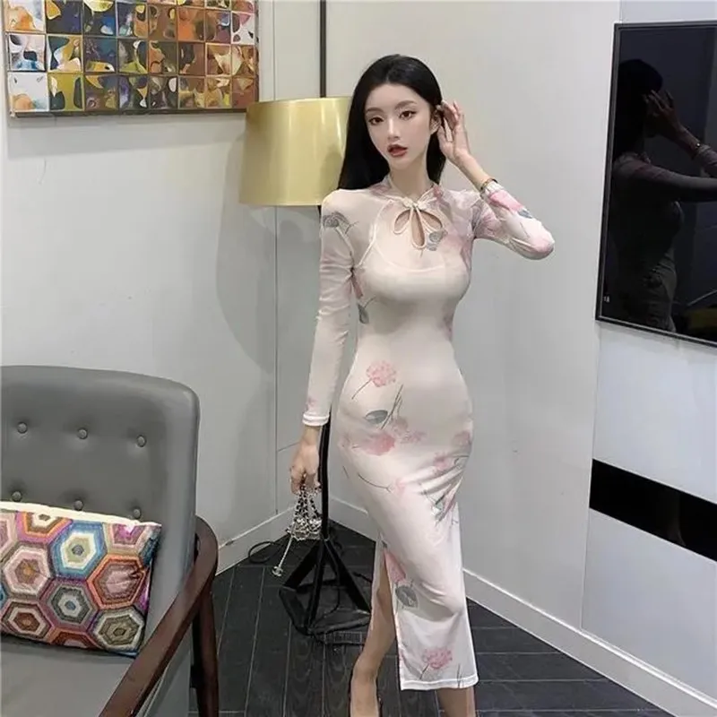 

Chinese Style Traditional Lace Qipao Printing Dress Lady Vintage Winter Elegant Cheongsams Women Chic Side Split Party Dress