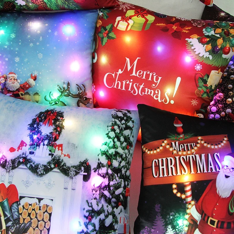 Santa Claus Pillow LED Light Christmas 2023 Novelties Ornaments Satin Pillowcase Home Decor Dropshipping Center Cushion Cover