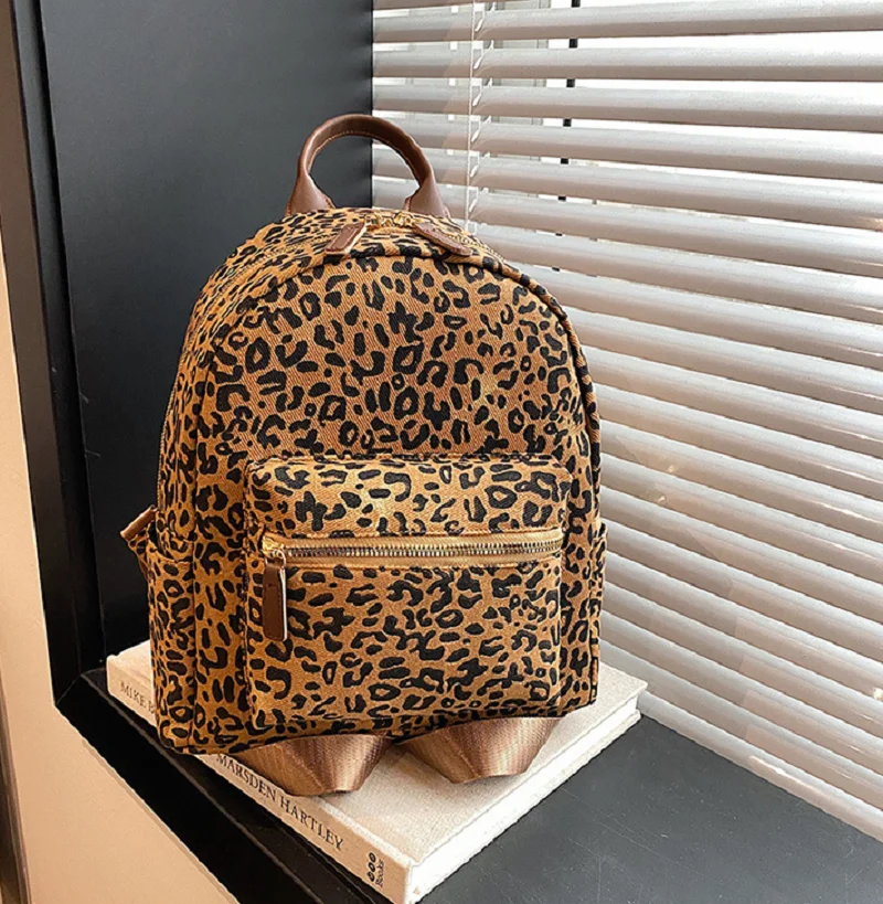 New Women's Korean Fashion Leopard Canvas Backpacks Large Capacity Casual Travel Shoulder Bags Totes School Bag Knapsack 3