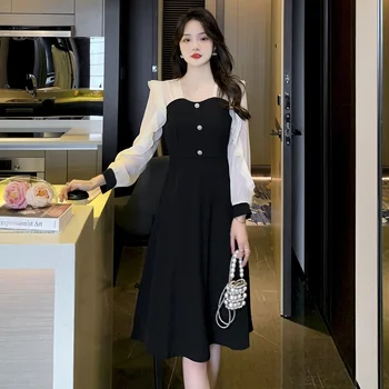 높은 감각 프릴 패치 워크 드레스 2023 가을 새로운 우아한 슬리밍 헵번 스타일 스커트