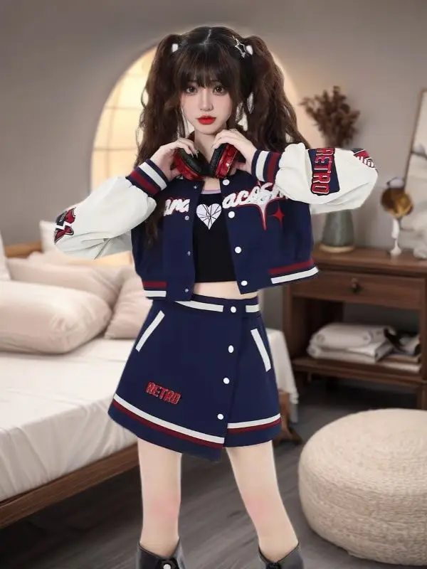 Spring Autumn New Street Original Fall Winter College High Street Retro Baseball Jacket Women Jk School Uniform Set