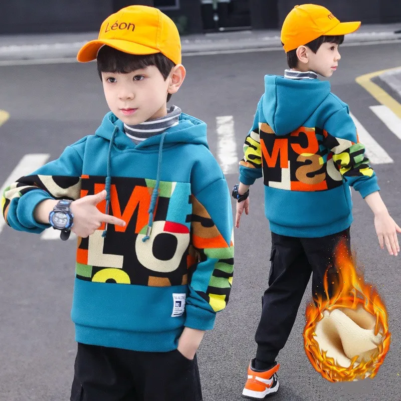 

Autumn Winter Children Thick Hoodies Sweatshirt For Boy Letter Print Cotton Long Sleeve Tops Kids Pullover Teens Sport T Shirt