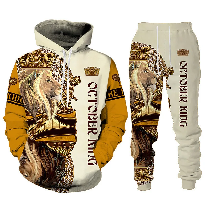 2023 European and American Retro Punk Style New set 3D Lion Print Hooded Hoodie Men's Trendy Sweater
