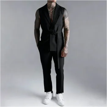 Completo Estivo Casual da Uomo 2 Pezzi: Giacca e Pantaloni con Fibbia, Risvolto a Notch, Senza Maniche, per Business, Sposo, Cerimonia, Abbigliamento Maschile Casual