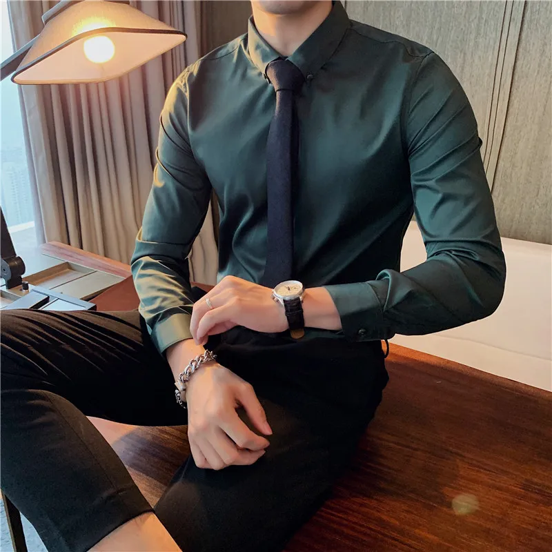 

Fashion British Style Men's Slim Fit Long Sleeved Shirt Solid Color Dark Green Black White Social Casual Business Shirts 6XL 7XL