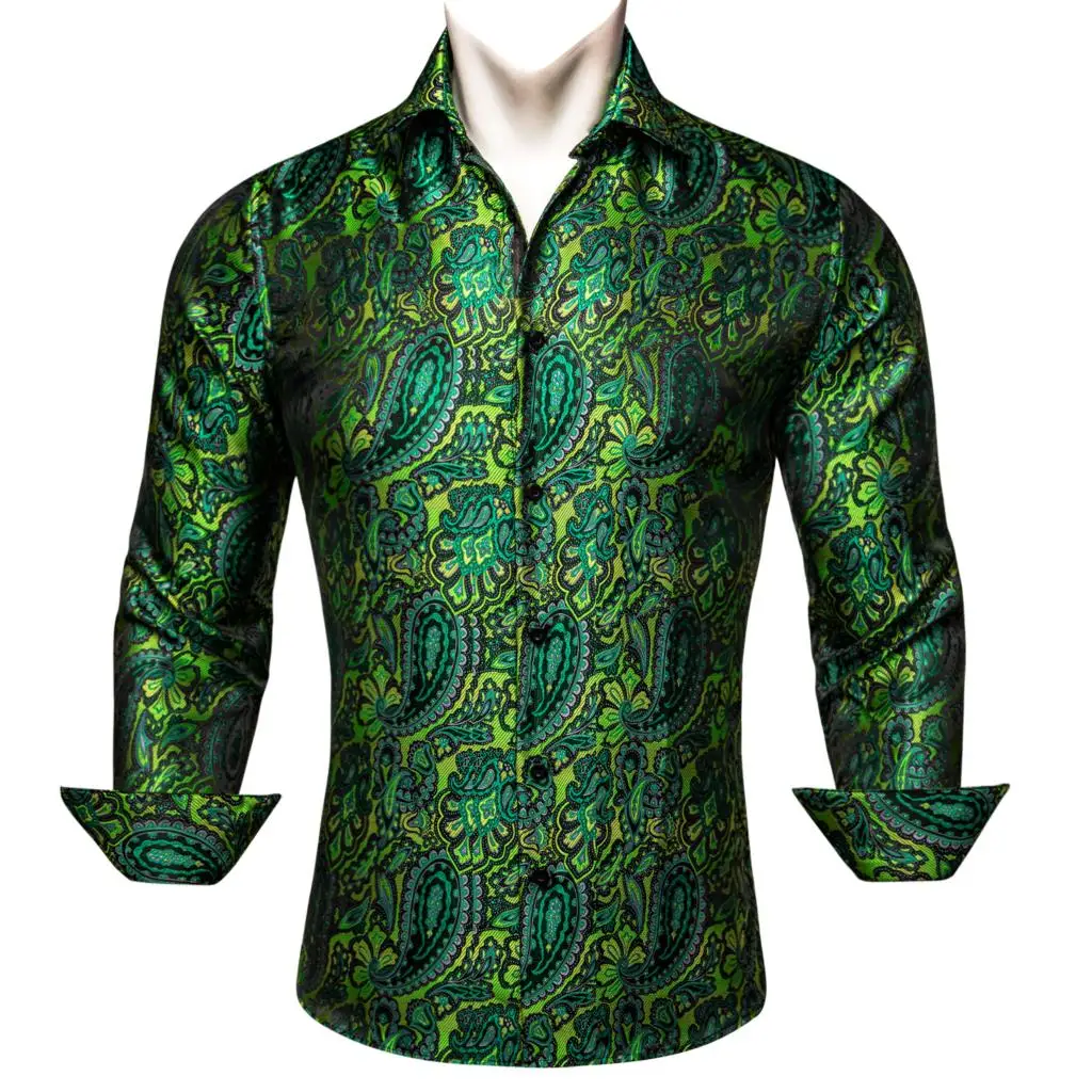

High Qualtiy Mens Shirts Long Sleeve Silk Green Embroidered Flower Slim Fit Male Tops Casual Bloues Breathable Barry Wang
