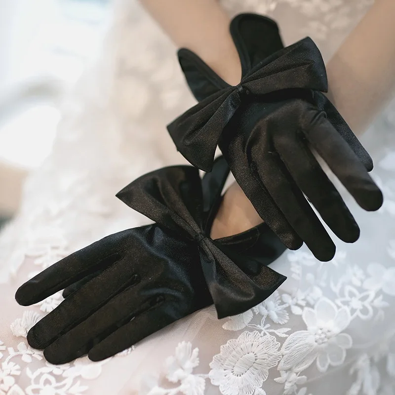 Women Short Full Fingers Bow Wrist Elegant White Ivory Satin Bridal Wedding Gloves Dress Accessories Prom Dancing Dinner
