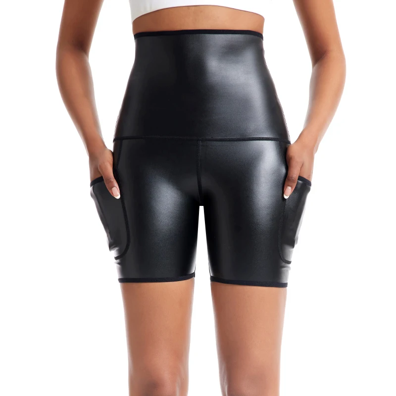 

Женские повседневные шорты из искусственной кожи, женские спортивные брюки с высокой талией, облегающие эластичные короткие брюки, женские леггинсы для бега с карманами