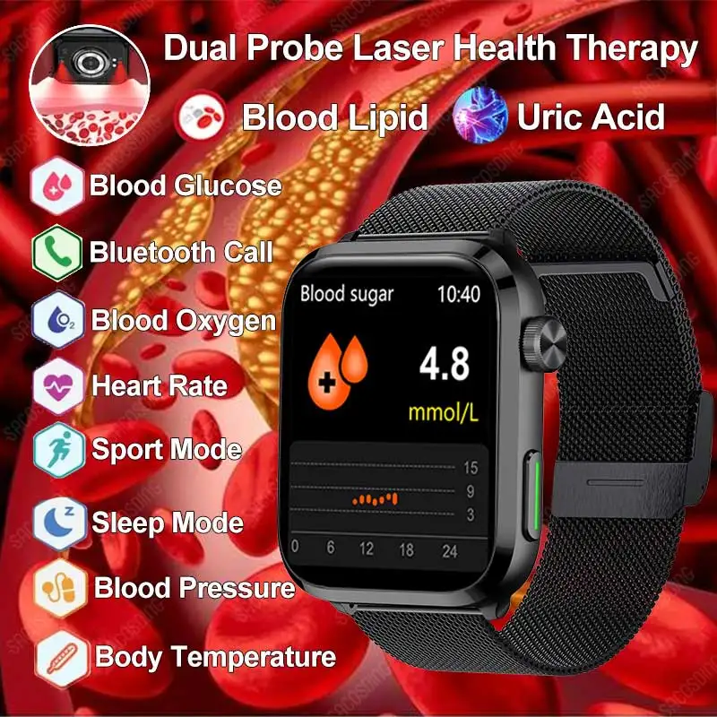 2024 New Blood Sugar Smart Watches Health Blood Lipid Monitor Dell'Acido Urico Chiamata Bluetooth Terapia Laser Smartwatch Per La Temperatura Corporea