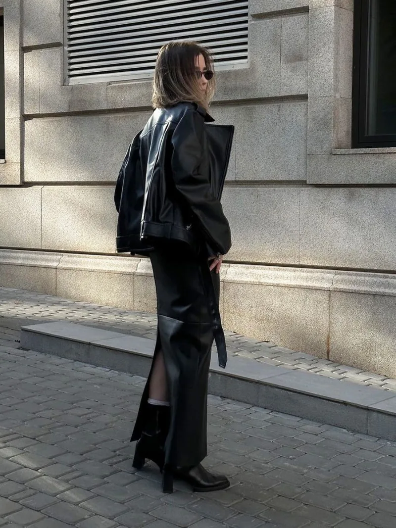 Slit PU Skirts For Women 2025 Spring New Slim Y2K Sheath Skirt Femme Street Solid Casual Fashion Elegant Skirts Womens