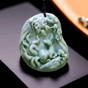 Natural Real Jade Nine Tailed Fox Pendant Necklace Luxury Talismans Vintage Carved Jewelry Chinese Stone Amulet Accessories