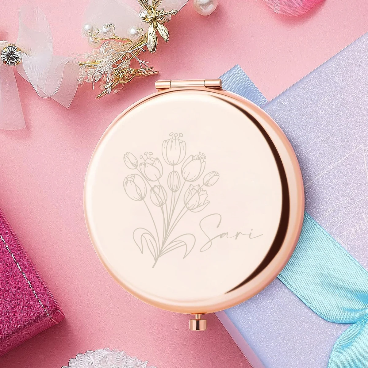 1 pc Blooming flowers Name Laser engraving Mirror With Name Wedding Guest Gifts