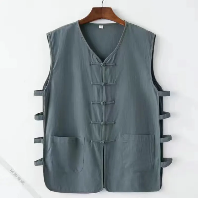 Tang Suit Traditional Chinese Clothing for Men Tee Tops Kung Fu Vests Cotton Linen Sleeveless Viking Pirate Blouse T-Shirt Coat