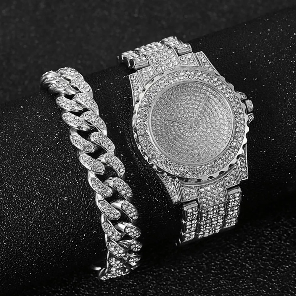 2PCS Watch Bracelet for Women Cubana Charms Bracelets Iced Out Watch for Women Fashion Luxury Gold Watch Set Jewelry Set Relojes