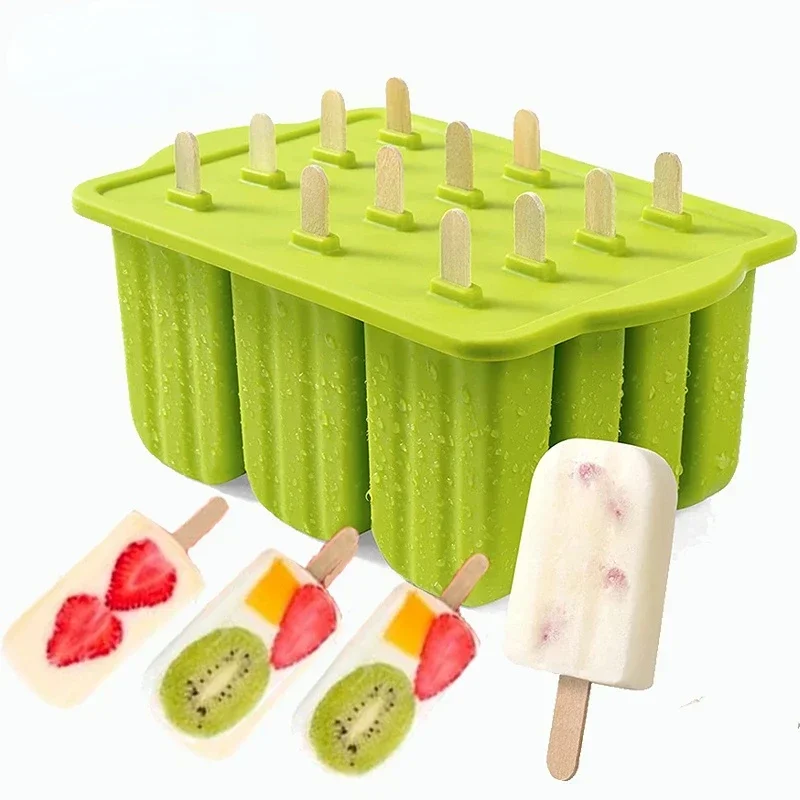 12 Cavity Food Grade Silicone Ice Cream Mold with Cover DIY Popsicle Box Lolly Mould Dessert Ice Cube Tray Maker Kitchen Gadgets