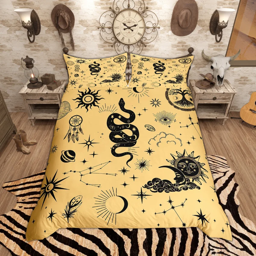 סט כיסוי רובה בוהו שמש וירח, סט מצעים היפי אסטרולוגיה, סט כיסוי נוחות גלקסיה כוכב