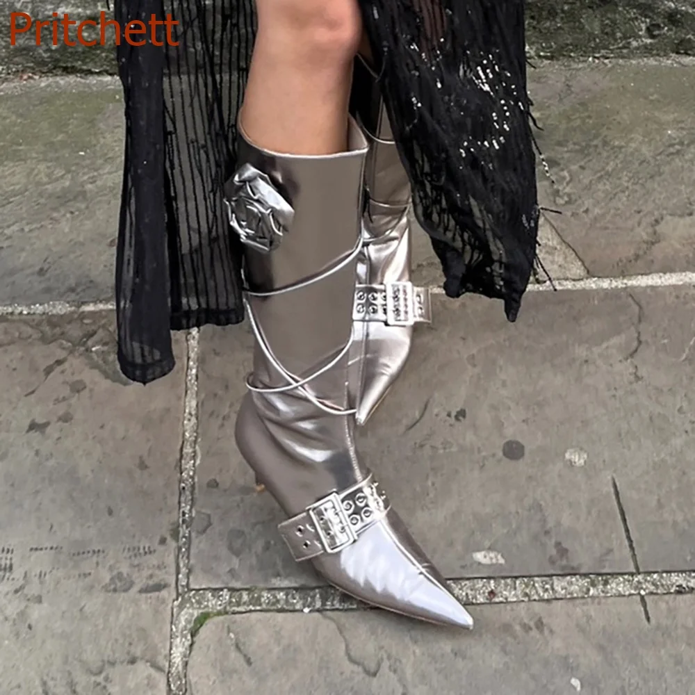

Pointed Toe Solid Women Boots Stiletto Heels Flower Belt Buckle Knee High Fashion Casual Comfortable Zip Party Sexy Women Shoes