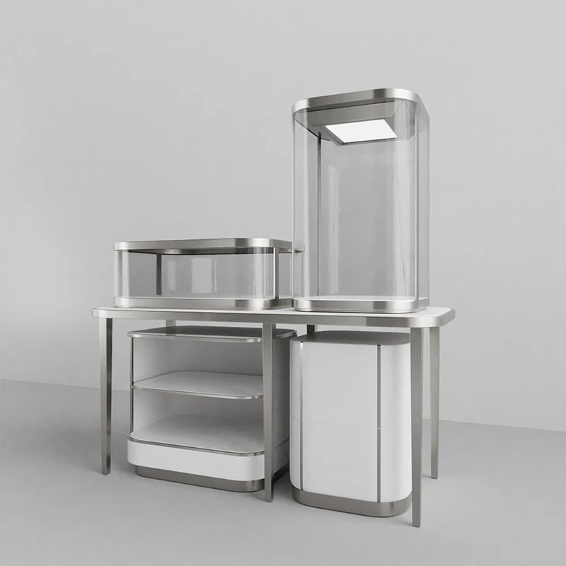Silver jewelry watch display cabinet polished stainless steel jewelry showcase for sale