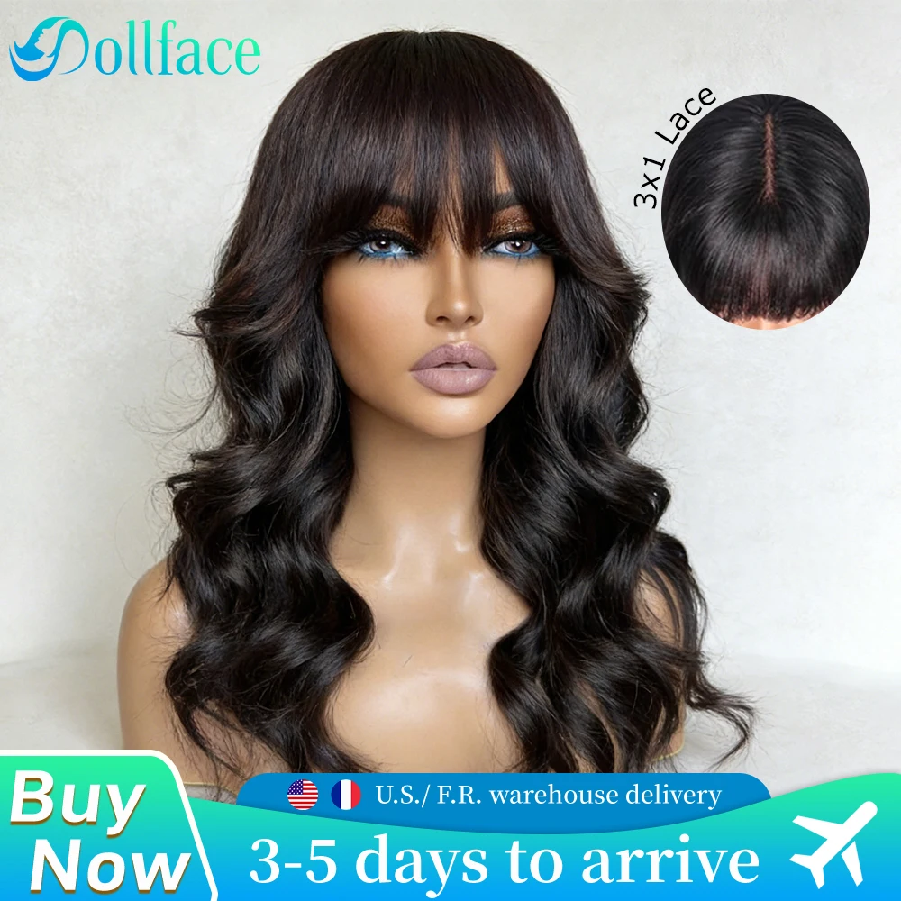 Body Wave Wigs with Bangs 3x1 Middle Part Lace Wig Human Hair Pre Plucked Body Wave Real Human Wigs with Bangs for Women 34 Inch 1
