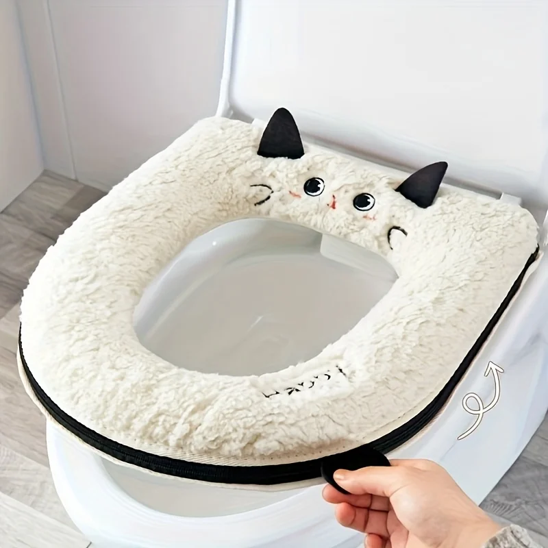 Cute Cat-Themed Toilet Seat Cover - Zipper Design, Universal Fit for Standard Toilets, Soft & Durable, Ideal for Home Use
