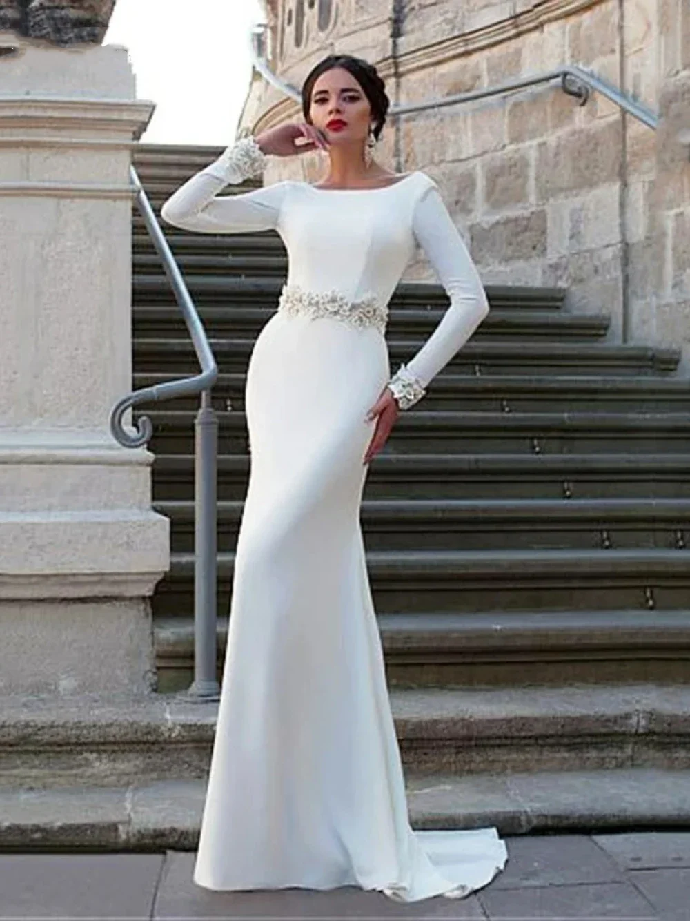 

Graceful Long Sleeves Bride Robe Mermaid Wedding Dresses Elegant Scoop Neck Satin Bridal Gowns Sweep Train Vestido De Noiva 2024