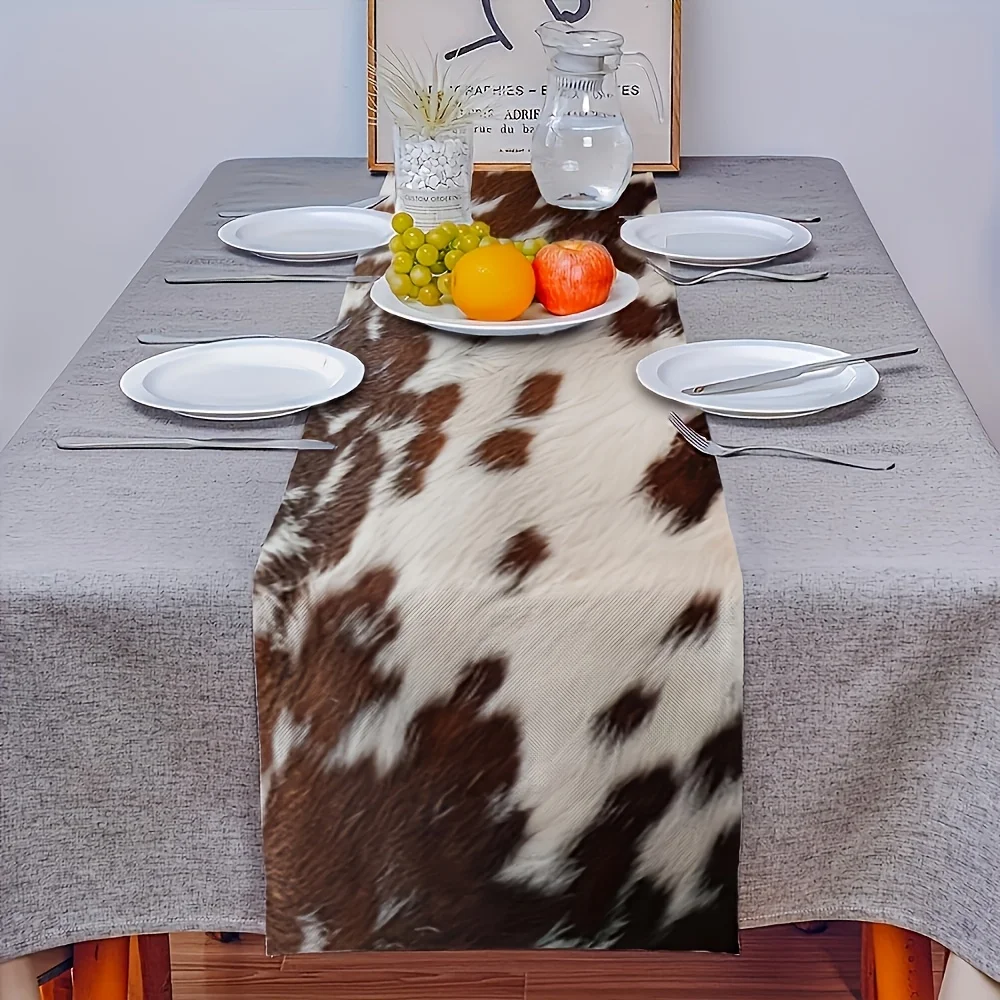 Brown Cowhide Printed Linen Table Runner Dresser Scarf Table Decor Farmhouse Western Style Table Runners Kitchen Home Paty Decor 3