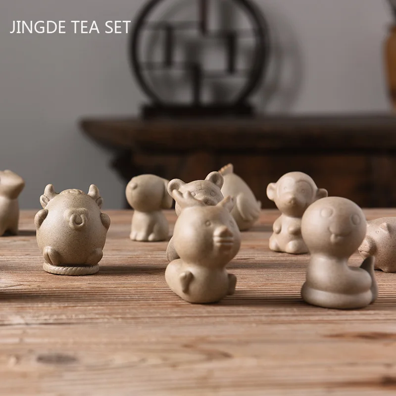 Tea Pet Ornaments Room Decor Statues 1Pc Crude Pottery Zodiac Tea Pet Ornaments Boutique Cute Mini Tea Figurine Pottery Set Decoration Table Accessories