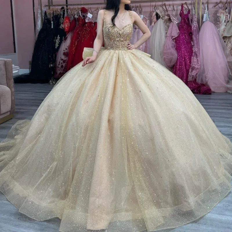 

Angelsbridep Blingbling Шампань бальное платье 15 лет Quinceanera платья 2024 с большим бантом принцессы на день рождения