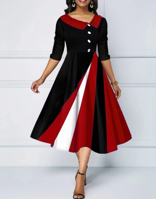 

Dresses for Women 2023 Winter New Fashion Casual Asymmetric Collar Print Large Hem Half Sleeves Long Dress Elegant Commuting