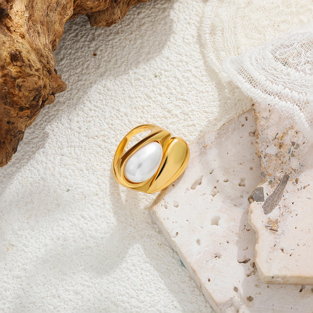 Vintage Dome Teardrop 18K Gold Plated Women's Rings Imitation Pearl Waterdrop Stainless Steel Open Chunky Ring Punk Jewelry Gift