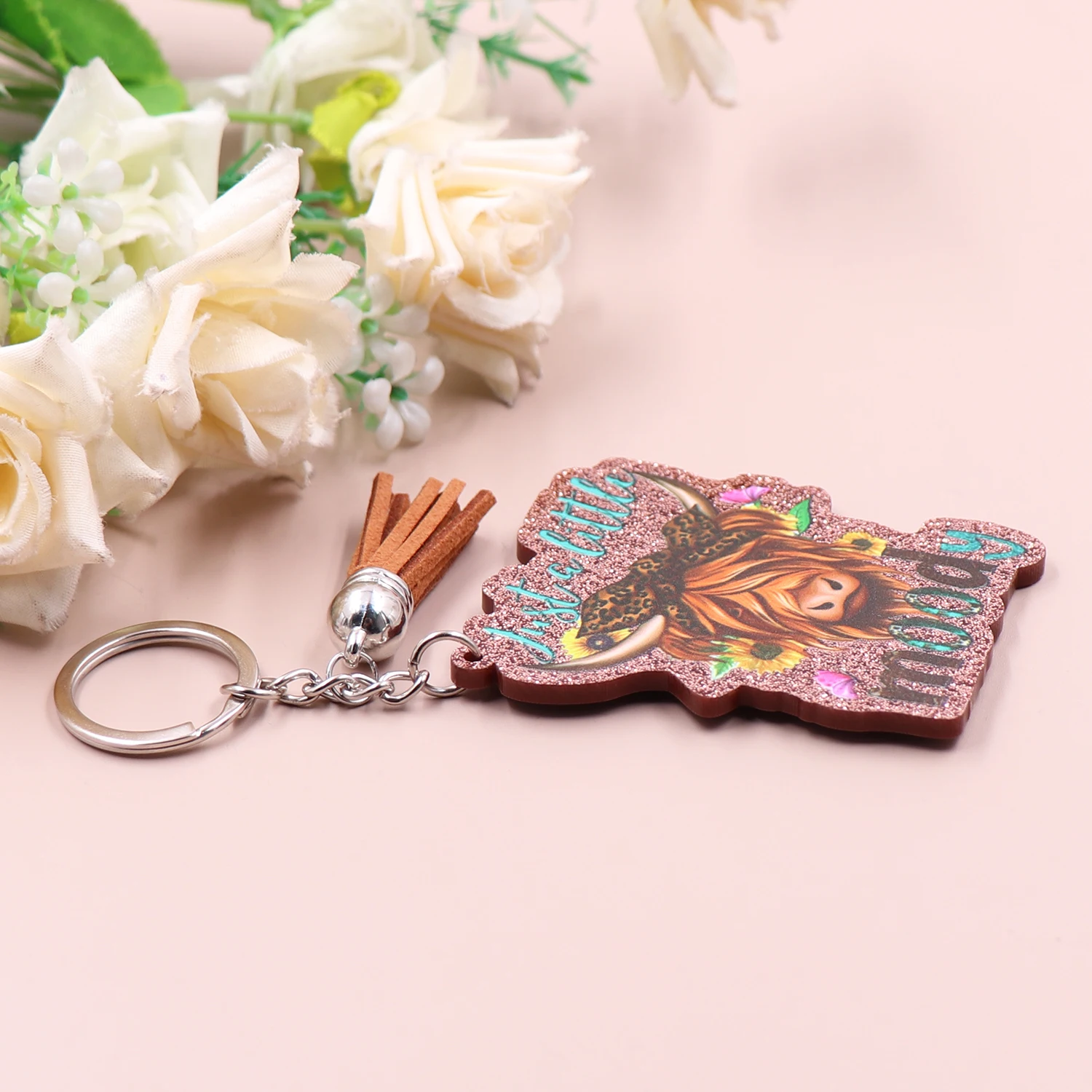 1piece New product CN Just a little moody Keychain, western cow TRENDY glitter Acrylic Keychain