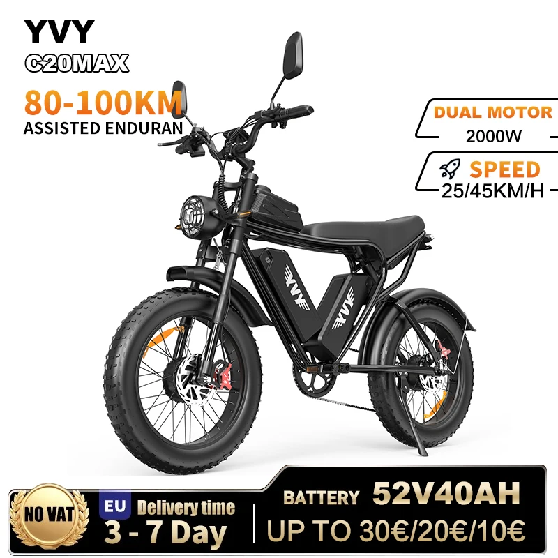 Vélo électrique Adulte 20″ – Double Moteur 2000W – Batterie 52V 40Ah – Pneus Neige
