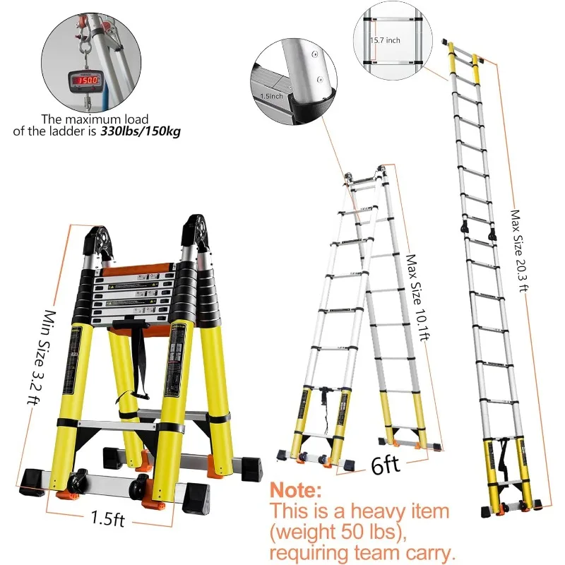 20FT Telescoping Ladder w. Stabilizer/Wheels/Cargo Hold Adjustable Folding Extension Ladders A Frame 8 + 8 Foot Stepladder