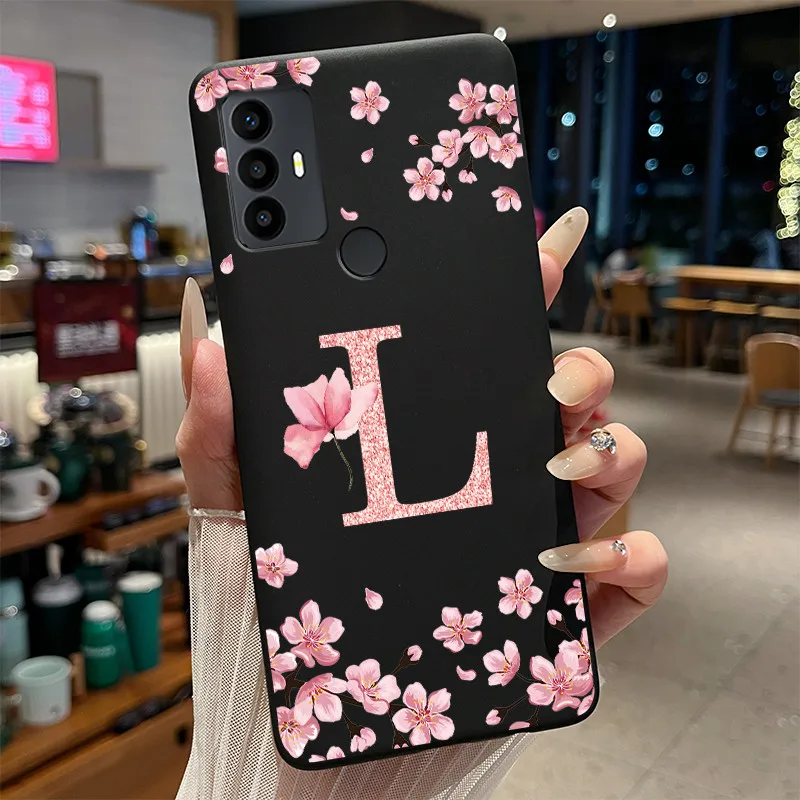 Floral Initial Letter Soft Silicone Protective Phone Case - Black