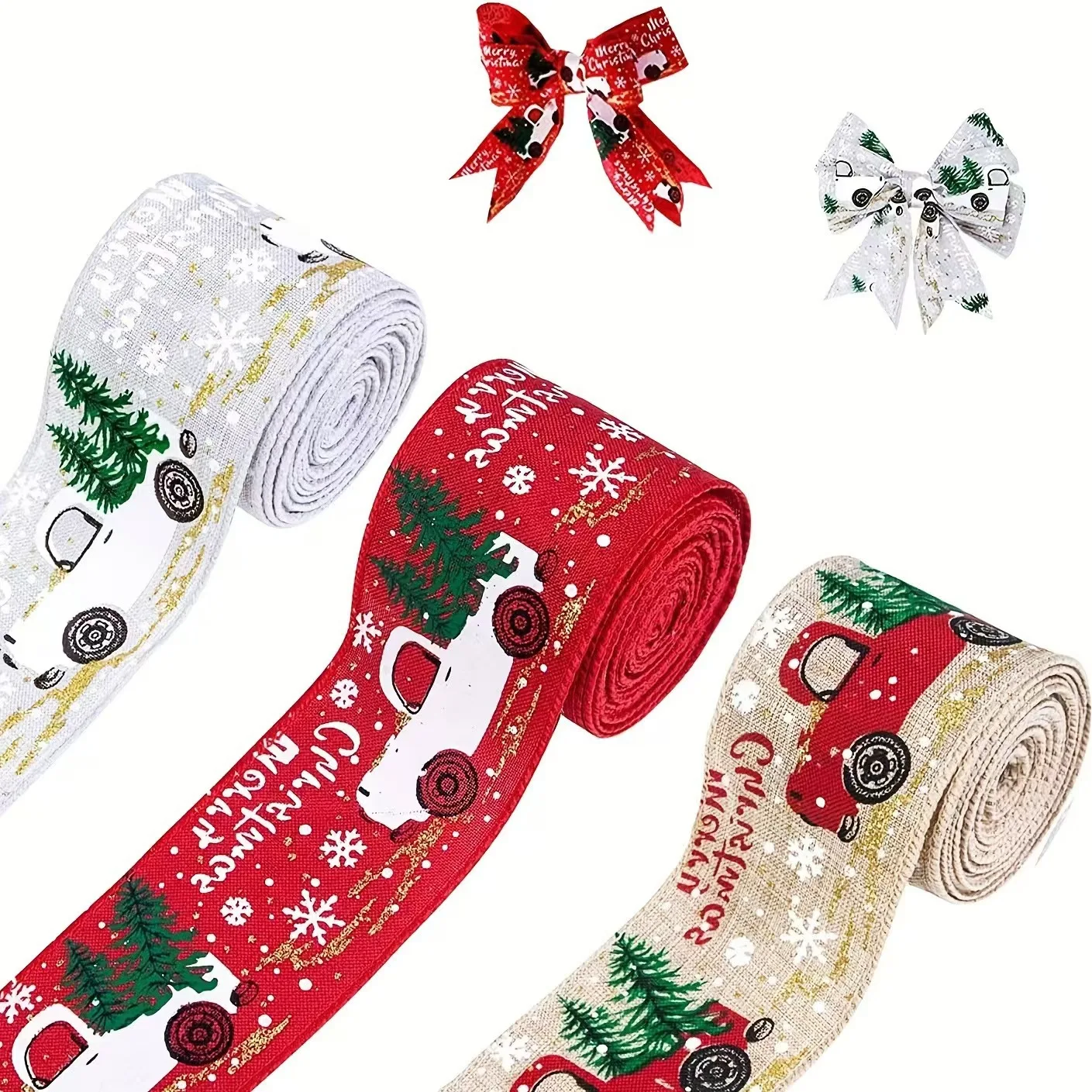 Description Picture 2 of item1/5pcs Christmas Ribbon Classic Wrapping Christmas Tree Ribbon Wreath Bows DIY Fabric Swirl Ribbon Burlap Xmas Gift Decoration