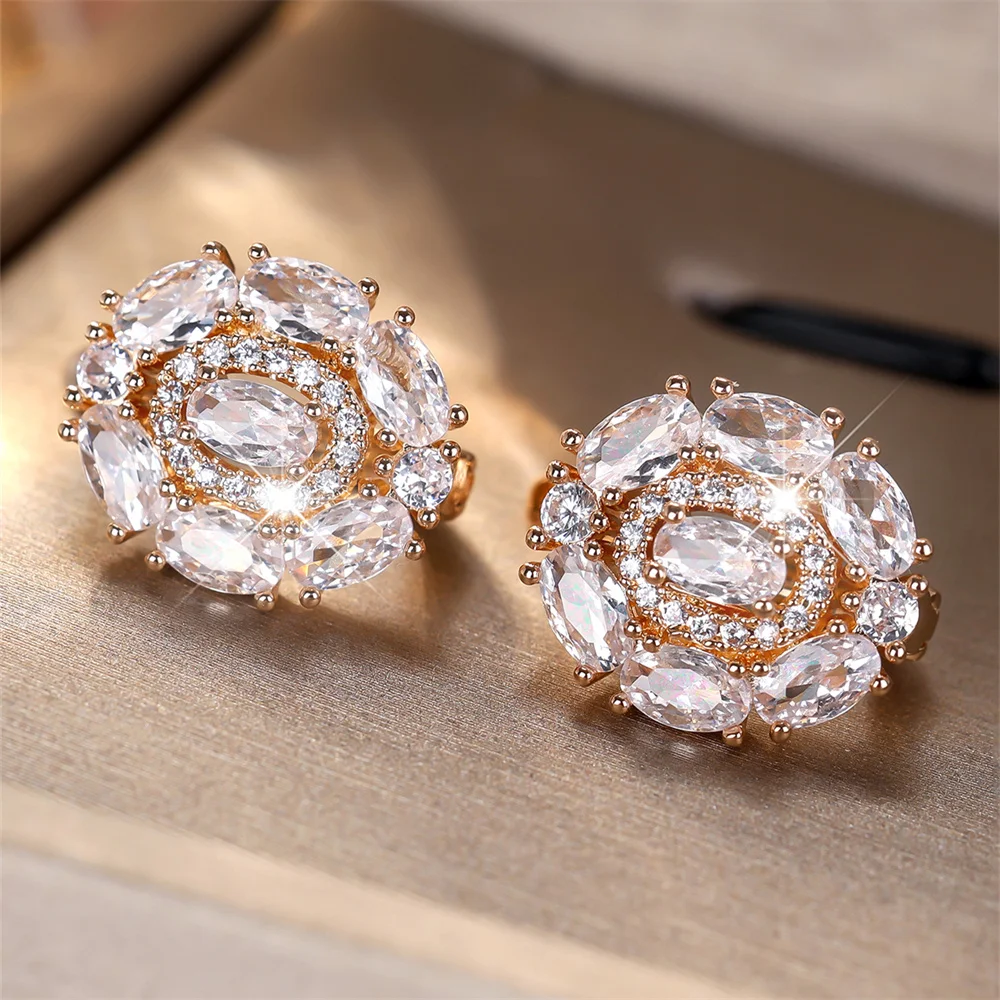 Luxury Crystal Oval Stone White Zircon Hoop Earrings For Women Vintage Gold Color Ear Buckle Wedding Jewelry Versatile Gifts