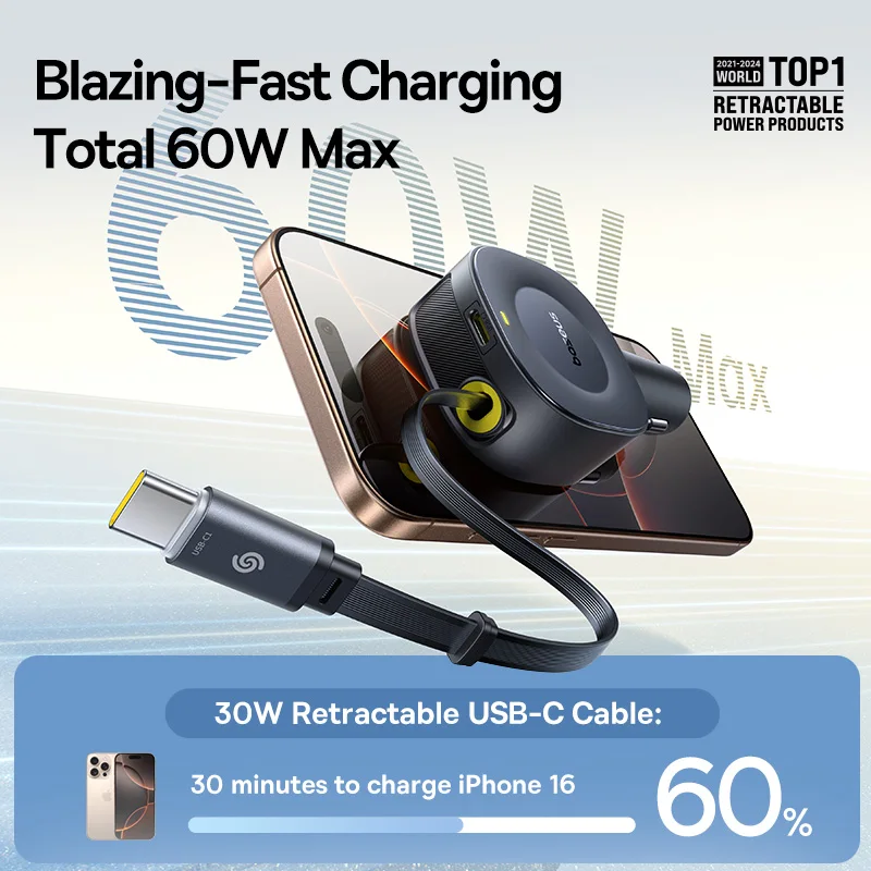 Baseus 30W Fast Car Charger Retractable Cable Dual Type-C USB-C