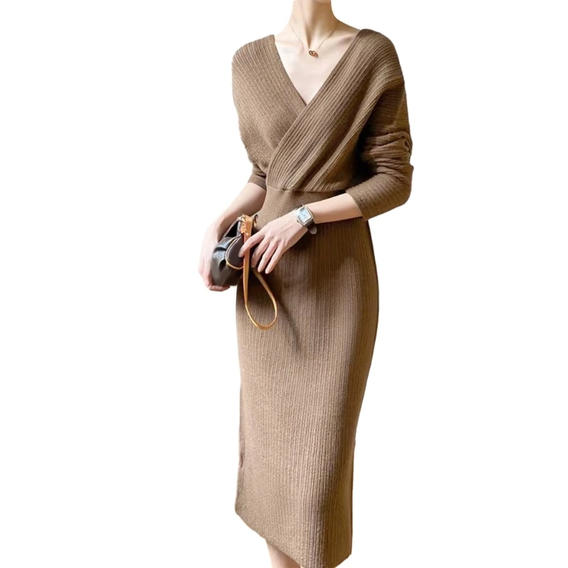 

Women's V Neck Long Batwing Sleeve Wrap Knit Maxi Sweater Dress Streetwear