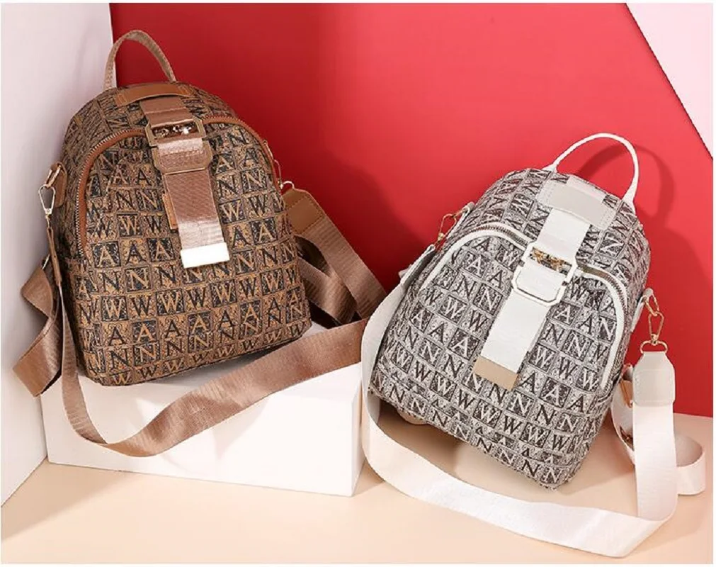 

New Luxury Letter Design Fashion Soft Leather Backpack Women Vintage Large Capacity Travel Shoulder Bags Totes School Bag