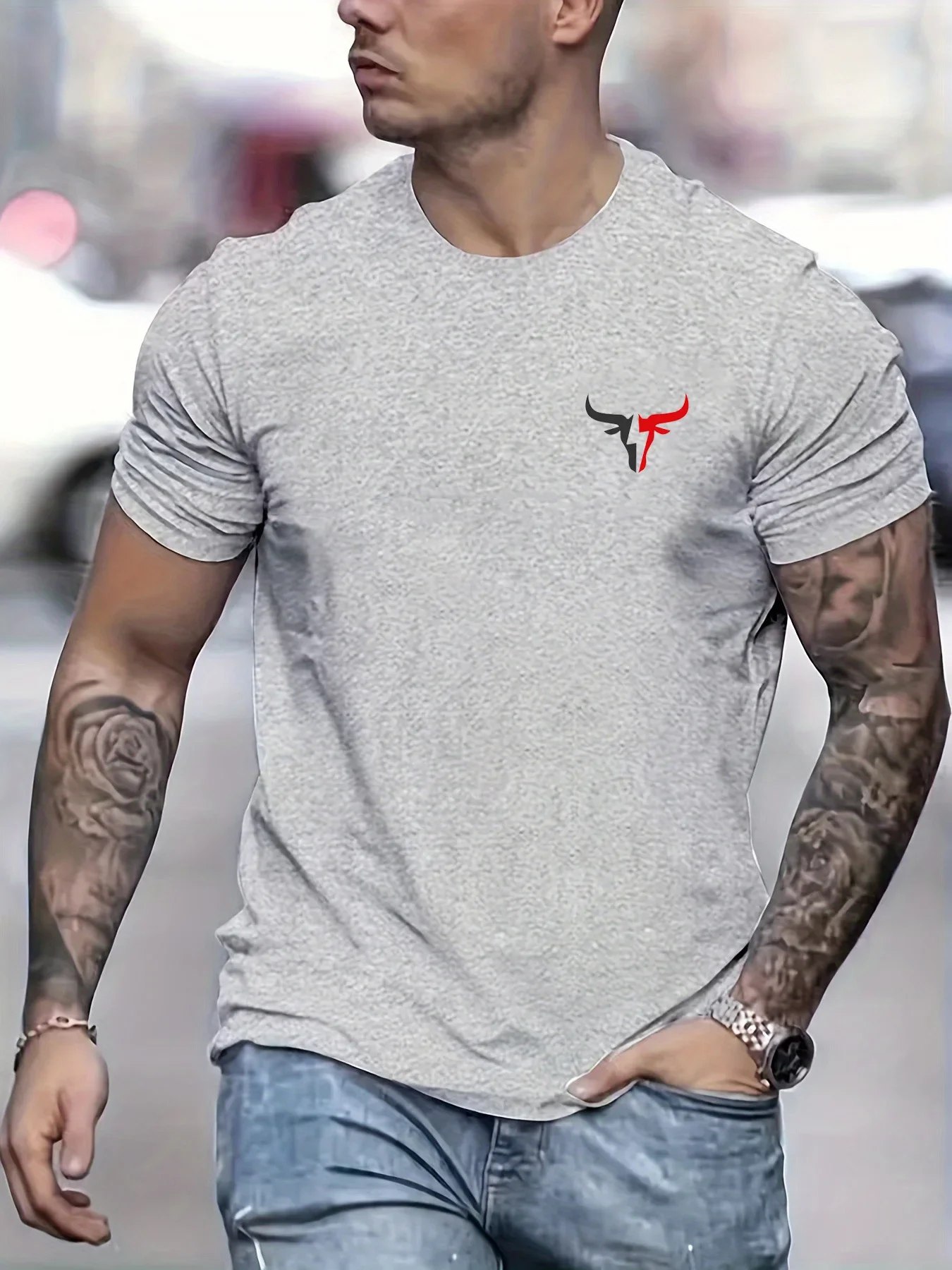 thumbnail image 1 of Camiseta de manga corta con cuello redondo y estampado de toro, informal, holgada, 100 % algodón, para verano para hombre, 1 of 5