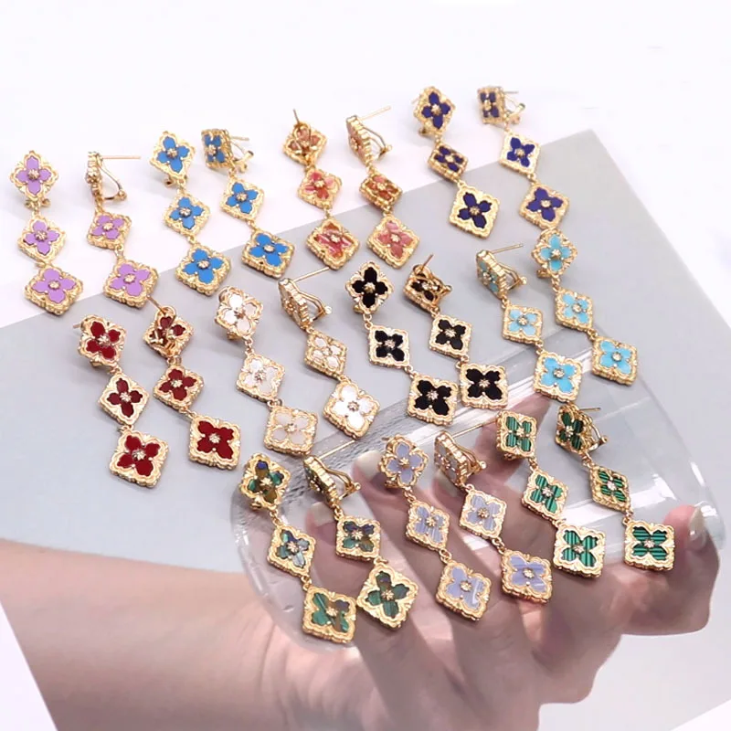 Italian Brand Style Tri Flower Four Leaf Ear Cuff Dangle Turquoise Agate Tiger Eye Ear Drop Cuff Earring Original Quality Jewel