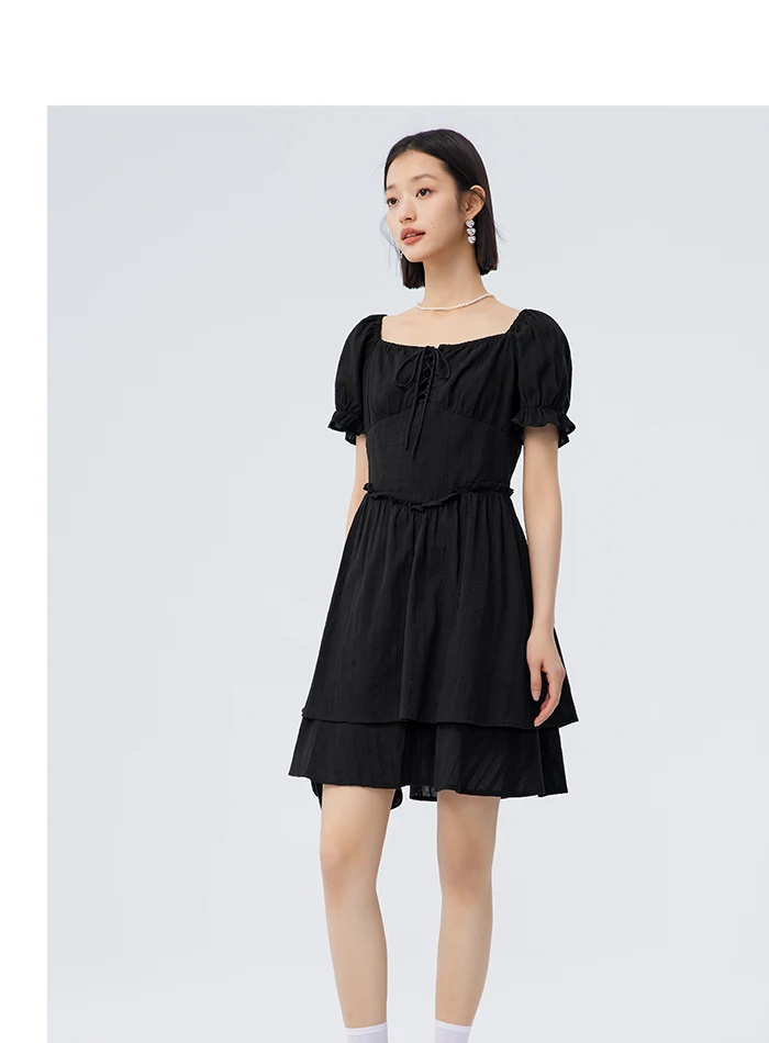 Vestido de mujer con diseño de orillo fibroso, nuevo vestido de verano retro de cuello cuadrado estilo palacio, vestido corto