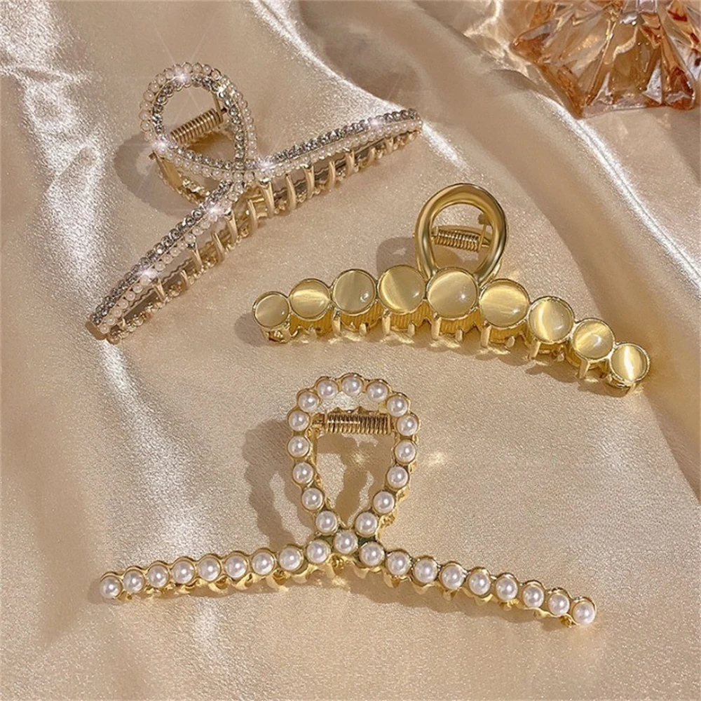 Shiny Rhinestone Crystal Opal Pearl Hair Claw Clips for Women Girl Geometric Metal Hair Crab Hairpins Headwear Hair Accessories