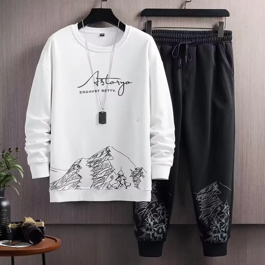 

2Pcs/Set Men Autumn Winter Casual Tracksuit Mountain Print Long Sleeve Sweatshirt Elastic Waist Drawstring Jogger Pants Set