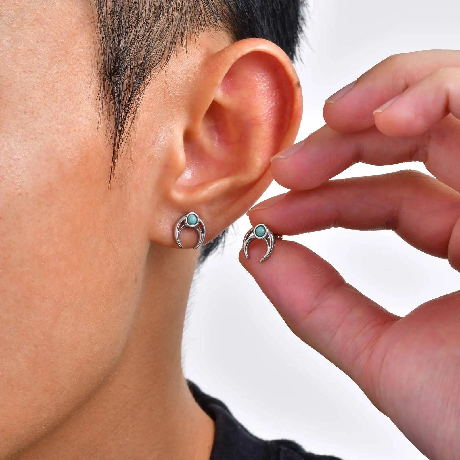 Stainless Steel Men's Moon Turquoise Stud Earrings,Silver Color Metal Piercing Earring,Natural Stone Jewelry Gift