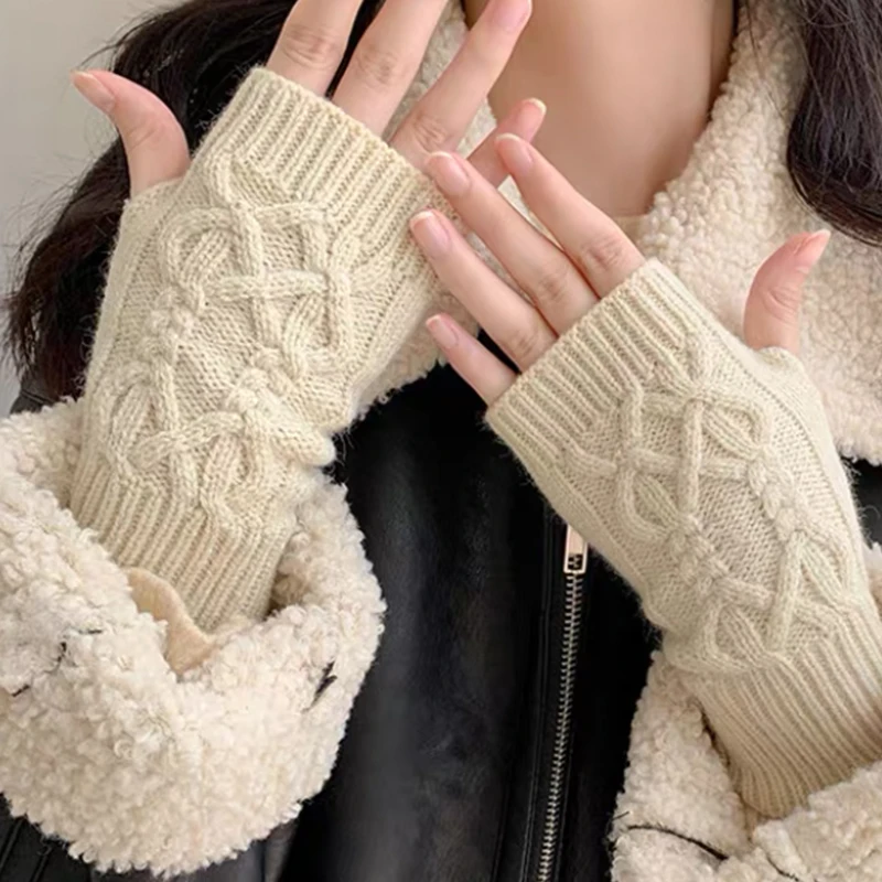 

Solid Color Half Finger Gloves for Women Winter Soft Warm Wool Knitting Arm Gloves Writting Warm Mittens Handschoenen Guantes